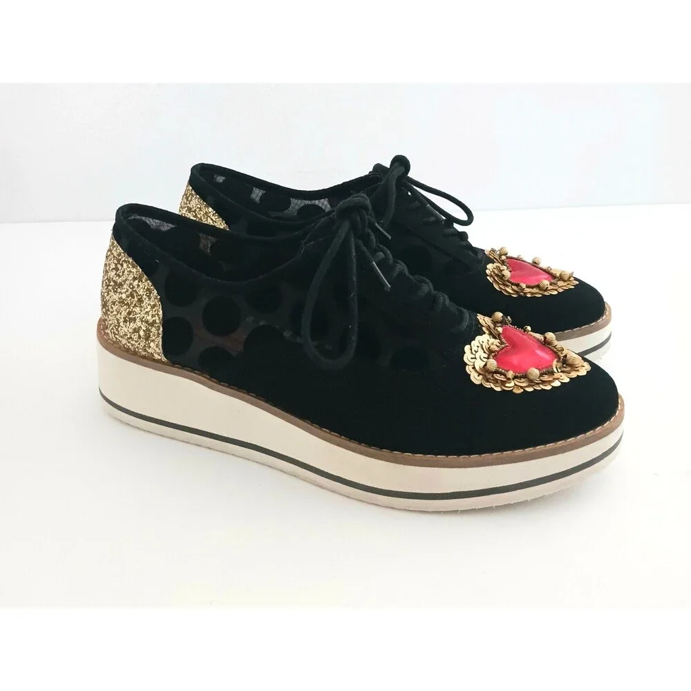 Betsey Johnson Winnie Platform Lace Up Oxford Blk Suede/Mesh Gold Sequin Heart